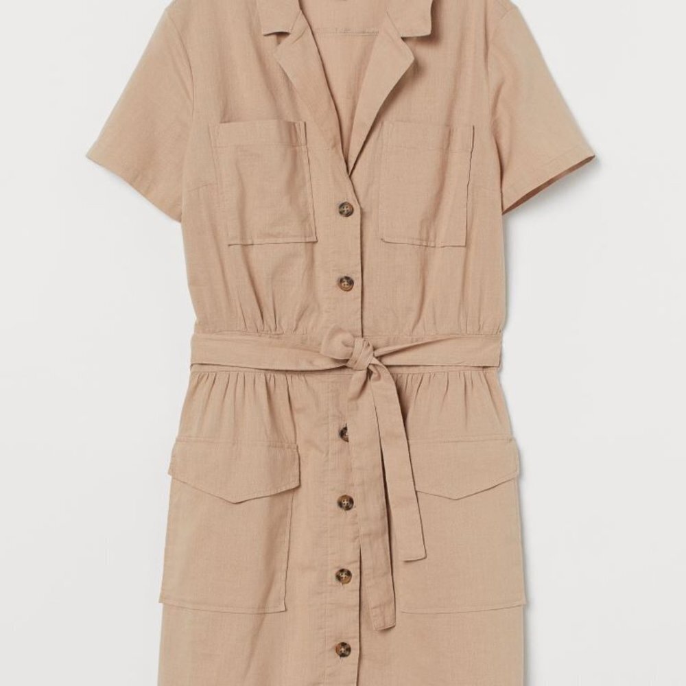 H&M Button Up Utility Dress Safari Style Cargo Dress Beige Brown size xxs